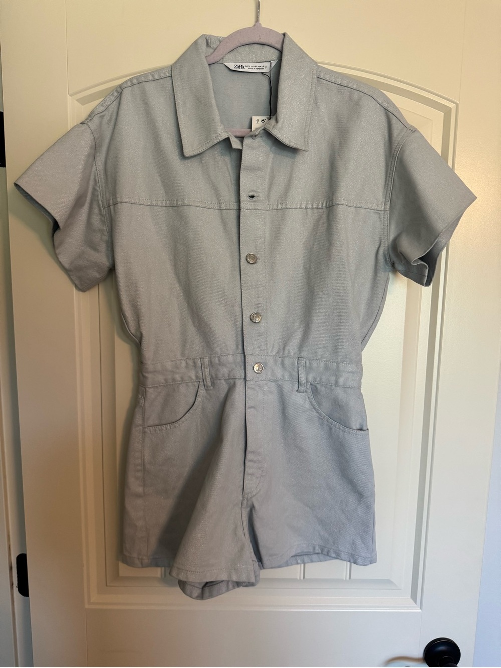 Zara Light Gray Short-Sleeve Button-Up Denim Romper